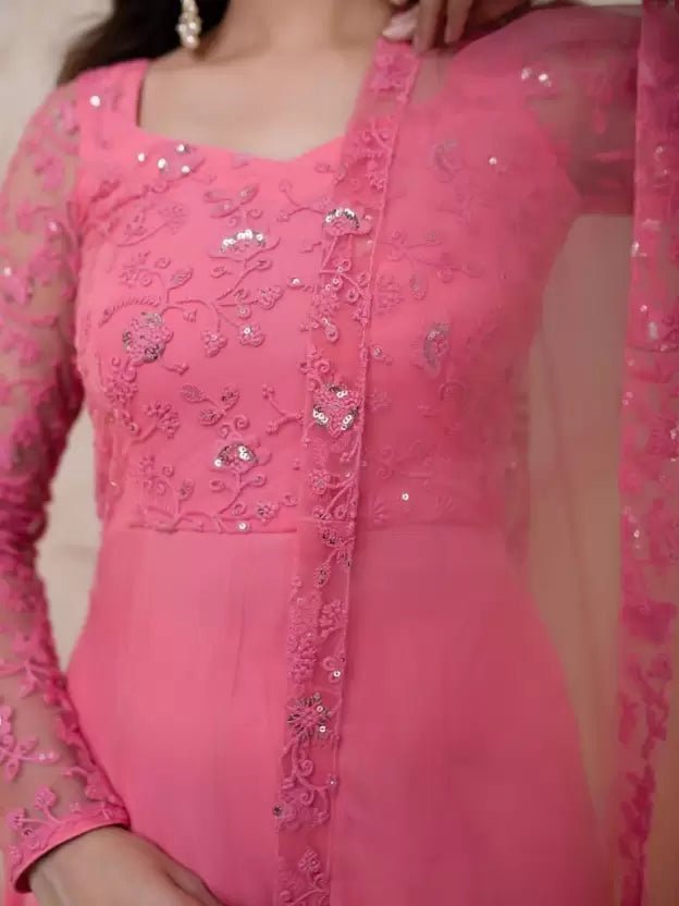 Embroidered Georgette Stitched Anarkali Gown (Pink) - Image 4