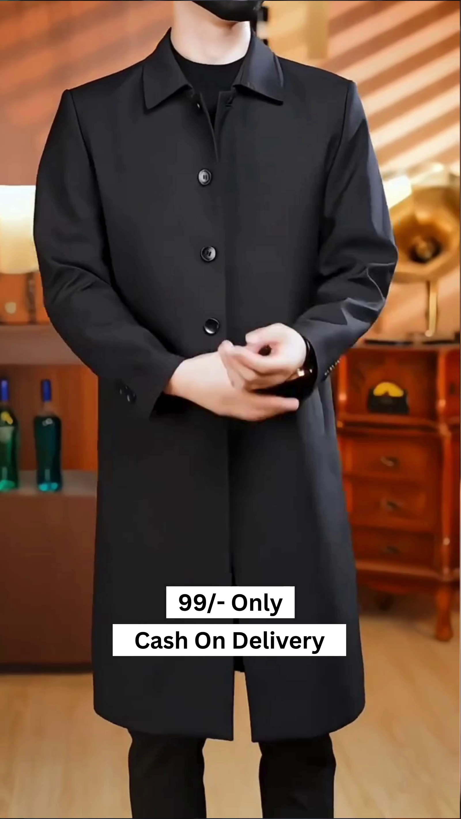 Men's Casual Trench Coat Slim Fit Notched Collar Long Jacket Overcoat Single Breasted Pea Coat wih Pockets
