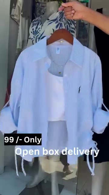 Mint Striped Drawstring Shirt with White Crop Tank