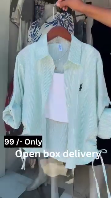 Mint Striped Drawstring Shirt with White Crop Tank - Image 4