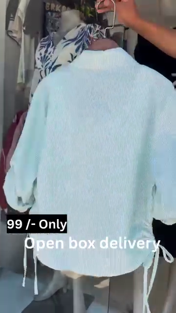 Mint Striped Drawstring Shirt with White Crop Tank - Image 3