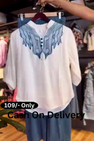 Embroidered High-Low Shirt & Wide-Leg Set