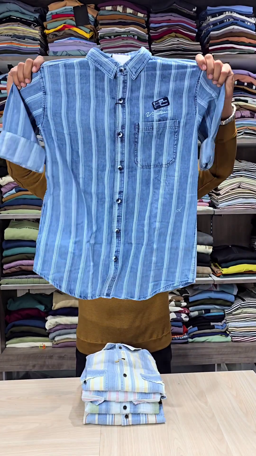 Men Blue Denim Slim Fit Striped Casual Shirt