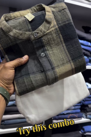 Men Mandarin Collar Buffalo Checked Cotton Relaxed Fit Casual Shirt