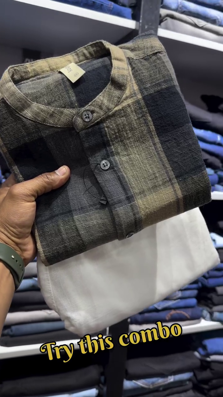Men Mandarin Collar Buffalo Checked Cotton Relaxed Fit Casual Shirt