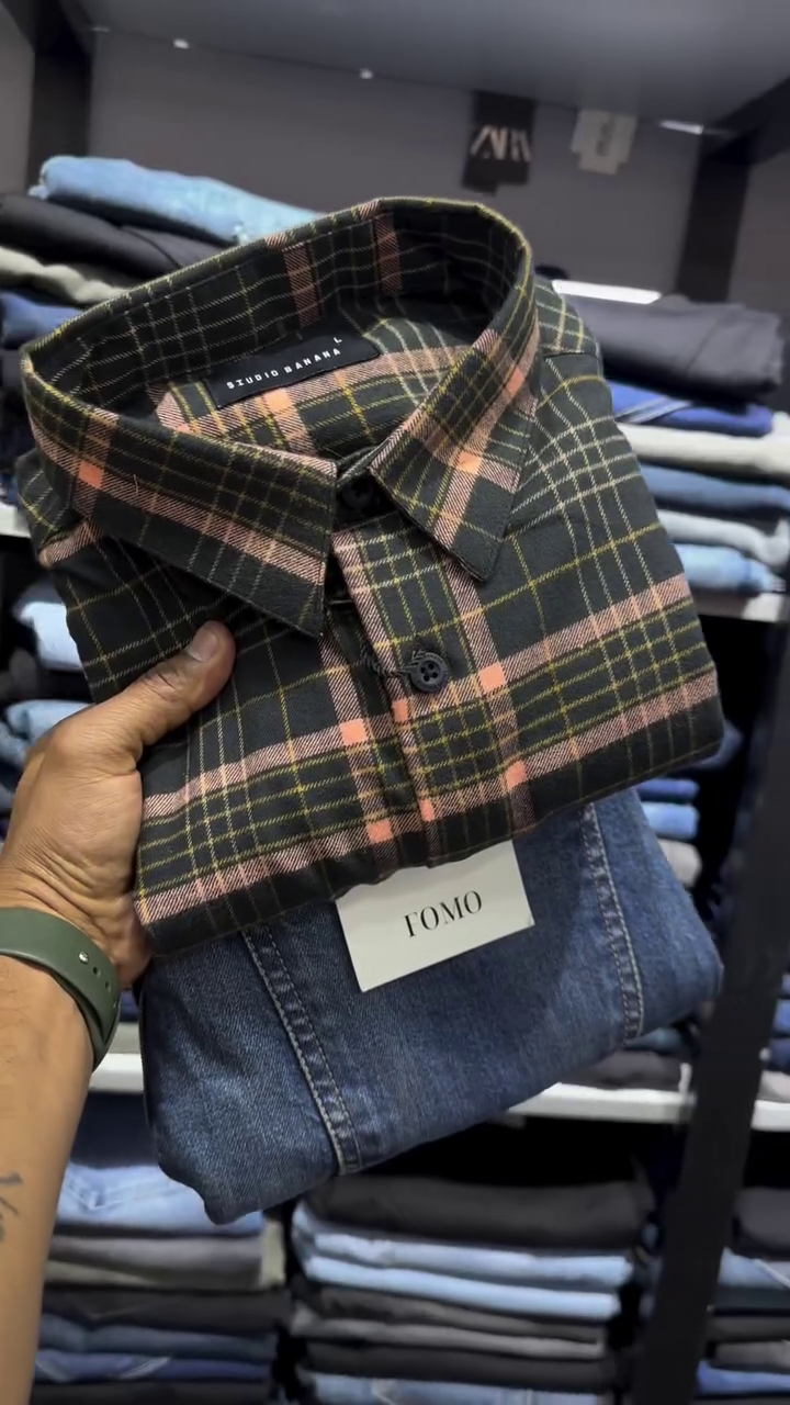 Men Mandarin Collar Buffalo Checked Cotton Relaxed Fit Casual Shirt - Image 6